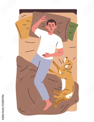 Person sleeping in bed concept. Young tired guy lies with his dog, puppy or pet and dreams. Rest and relaxation at night. High Melatonin. Cartoon flat vector illustration isolated on white background