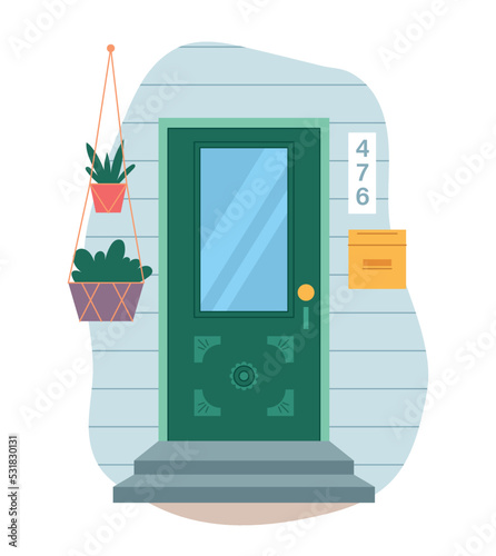 House entrance concept. Wall of building with entrance to apartment decorated with hanging plants, stairs and mailbox. Door or doorway. Cartoon modern flat vector illustration on white background