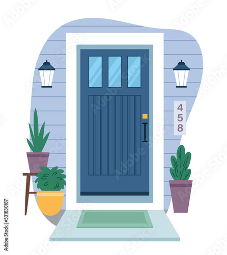 House entrance concept. Beautiful iron door or entrance to apartment decorated with potted plants, lighting fixtures and rug. Exterior or facade. Cartoon flat vector illustration on white background