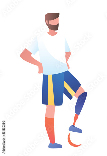 Health day concept. Bearded man with prosthetic leg. People with disabilities. Training and restoration of physical activity. Medical poster or banner for website. Cartoon flat vector illustration