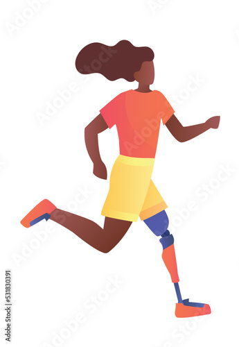 Health day concept. Woman with prosthesis instead of leg runs. Disabled person performs recovery exercises. Workouts and sports. Runner, sprinter or marathon runner. Cartoon flat vector illustration