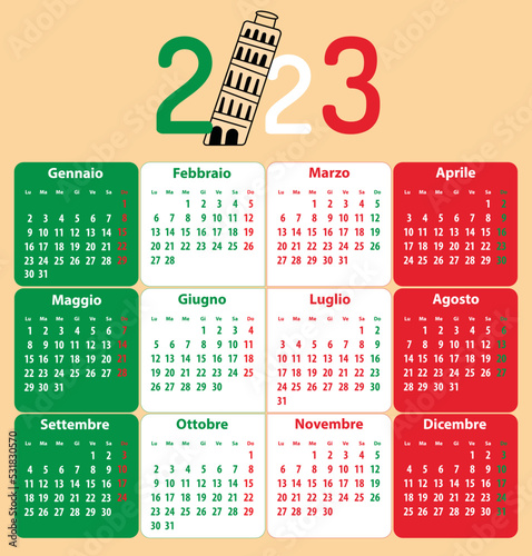 Italian calendar for 2023. Pisa leaning tower