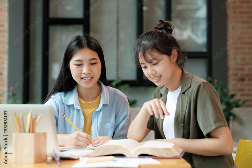 Young asian students campus helps friend catching up and learning. Young asian students campus helps friend catching up and learning.