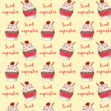 Seamless pattern, cupcakes with strawberries on a yellow background