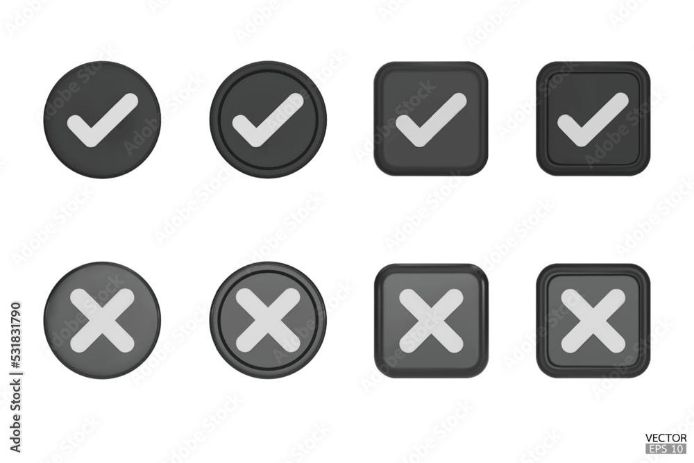 set of 3D black Checkmark and X mark icon set. Checkmark right symbol