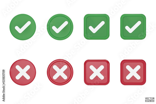 set of 3D Checkmark and X mark icon set. Checkmark right symbol, tick sign. check and uncheck for web and mobile apps. 3D vector illustration.