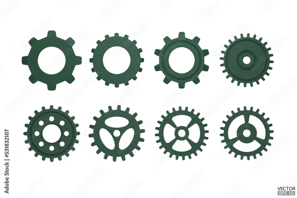 3D green Gear icon set. Transmission cogwheels and gears are isolated on white background.Green Machine gear, setting symbol, Repair, and optimize workflow concept. 3d vector illustration. 3D green Gear icon set. Transmission cogwheels and gears are isolated on white background.Green Machine gear, setting symbol, Repair, and optimize workflow concept. 3d vector illustration.