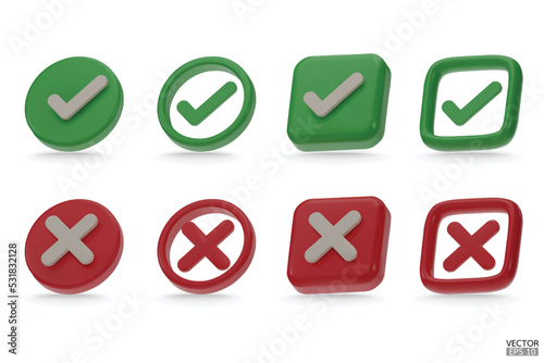 set of 3D red, green Checkmark, and X mark icon sets. Checkmark the right symbol, and tick the sign. check and uncheck for web and mobile apps. 3D vector illustration.