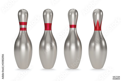 Realistic silver bowling pins with red stripes isolated on white background. Metal Bowling icon. 3D vector illustration.