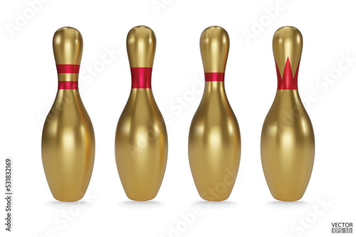 Realistic gold bowling pins with red stripes isolated on white background. Golden Bowling icon. 3D vector illustration.