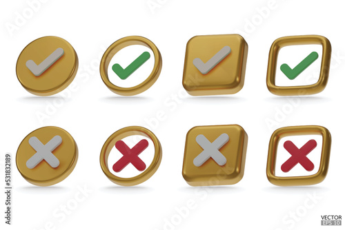 set of 3D gold Checkmark, and X mark icon sets. Checkmark the right symbol, and tick the sign. check and uncheck for web and mobile apps. 3D vector illustration.