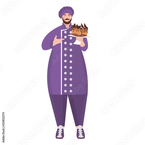 Male confectioner with tasty chocolate cake on white background