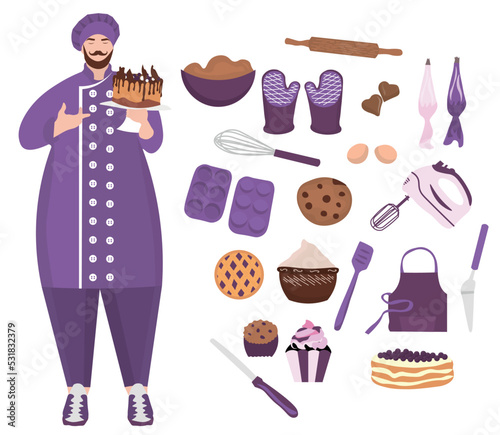 Male confectioner and set of professional items with desserts on white background