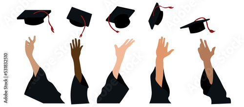 Hands of graduating students throwing mortar boards on white background
