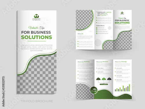 Creative and professional trifold catalog design template with white background, modern and corporate trifold brochure template with abstract light green color shapes