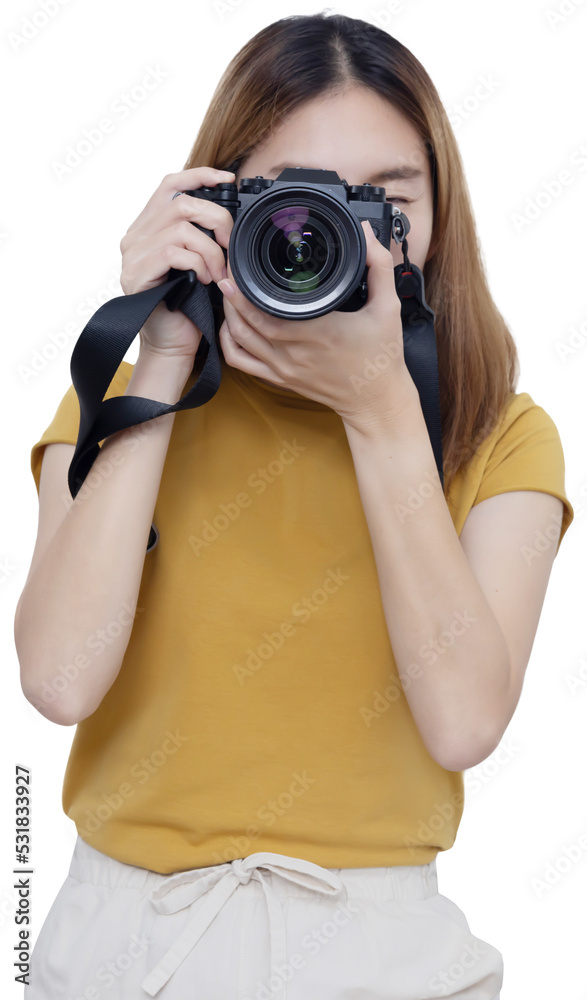 Asian Female Photographer Looking into Mirrorless Camera Viewfinder to Take Photo Asian Female Photographer Looking into Mirrorless Camera Viewfinder to Take Photo