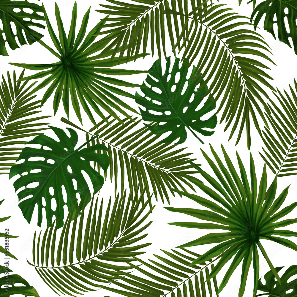 Tropical seamless pattern with green palm leaves. Stock illustration