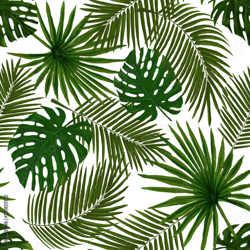 Fototapeta Naklejka Na Ścianę i Meble -  Tropical seamless pattern with green palm leaves. Stock illustration