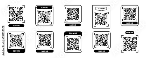 Scan me QR code design. QR code for payment, text transfer with scan me button. Vector illustration isolated in white background