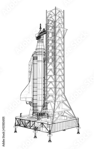 Space Rocket on launch pad. Vector rendering of 3d