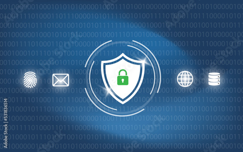 Cybersecurity data protection technology privacy concept. Interactive virtual control screen with padlock shield. Vector illustration