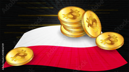 Stacks of gold coins of Bitcoin BTC on colored flag of Poland on dark digital background. Central Bank of Poland adopts laws on digital assets CBDC.