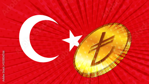 Turkish flag and golden coin with sign currency Turkish lira TRY. CBDC concept.