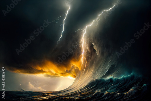 Bright lightning in a raging sea. A strong storm in the ocean. Big waves. Night thunderstorm. Dark tones. The power of raging nature. Raster illustration.