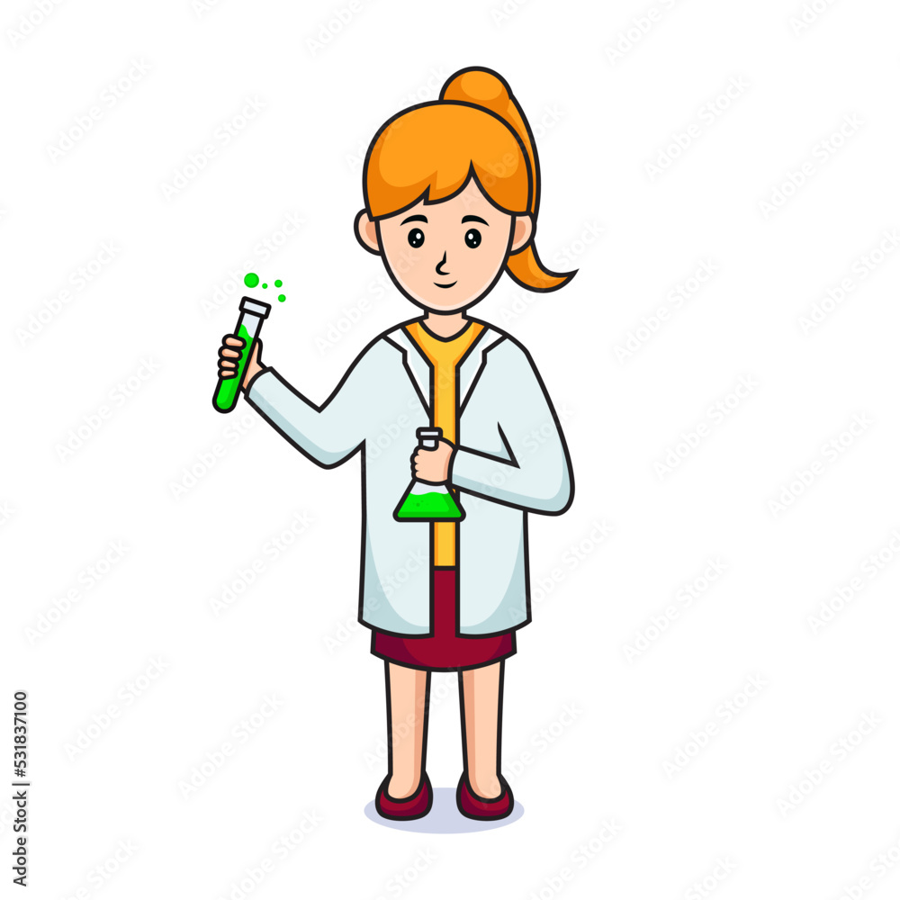 cartoon girl. Friendly beautiful women in professor uniform, holding a tube cartoon girl. Friendly beautiful women in professor uniform, holding a tube