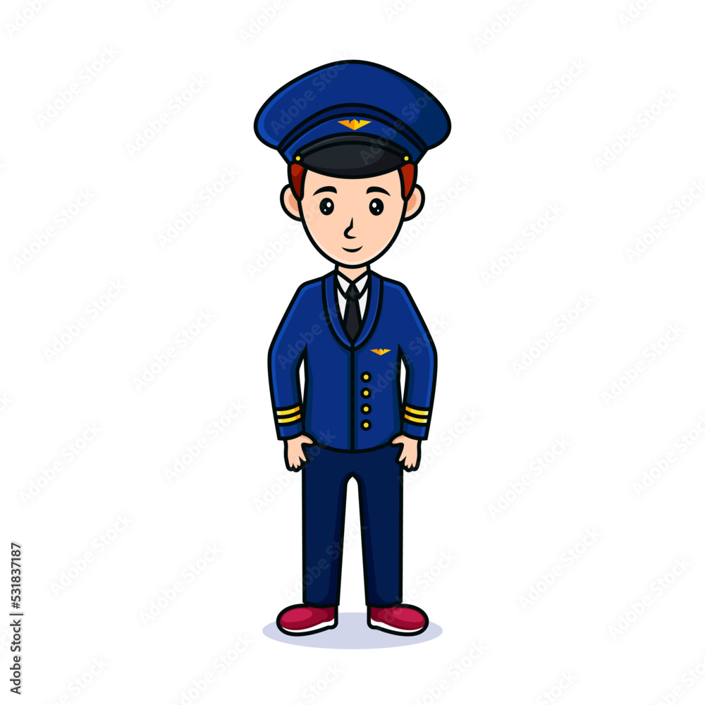 Male pilot character wearing suit, pilot hat and uniform
