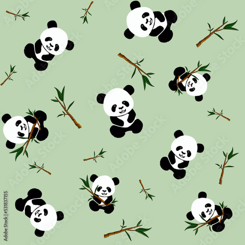 Fototapeta Naklejka Na Ścianę i Meble -  Seamless pattern with panda bear cub and bamboo branches with green leaves on light green background. Vector.
