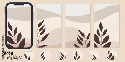 story and Highlight covers backgrounds. Set of botanical icons.boho contemporary style.Vector round social media stories for bloggers.