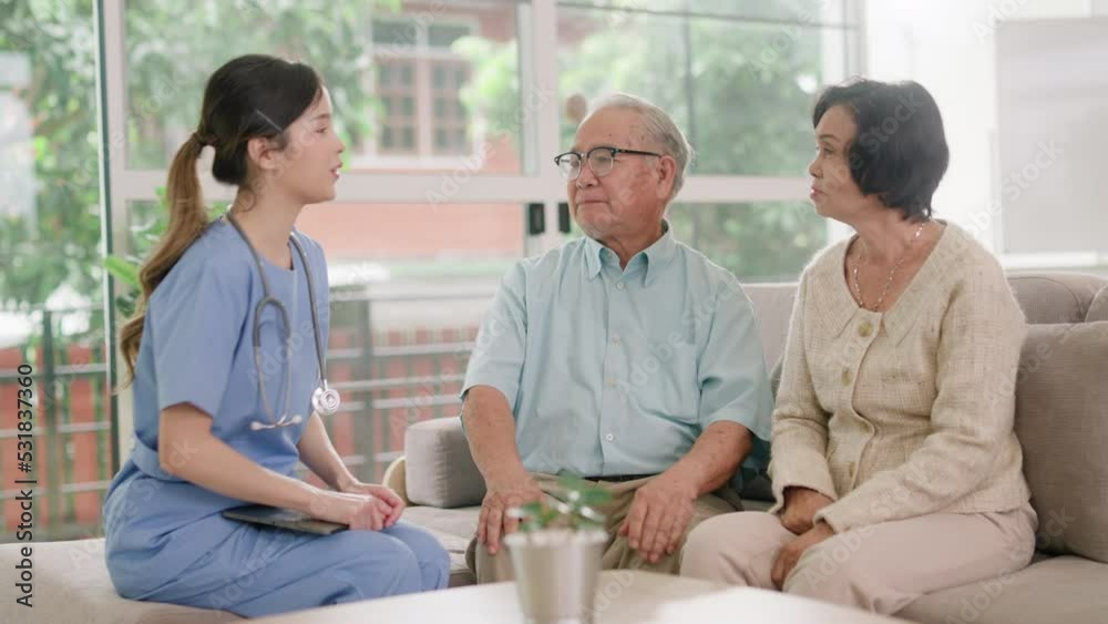 Elderly people healthcare tech and prescription online concept.asian senior people listening to young nurse or doctor explaining therapy treatment effect and how to take pills in a nursing home. Elderly people healthcare tech and prescription online concept.asian senior people listening to young nurse or doctor explaining therapy treatment effect and how to take pills in a nursing home.