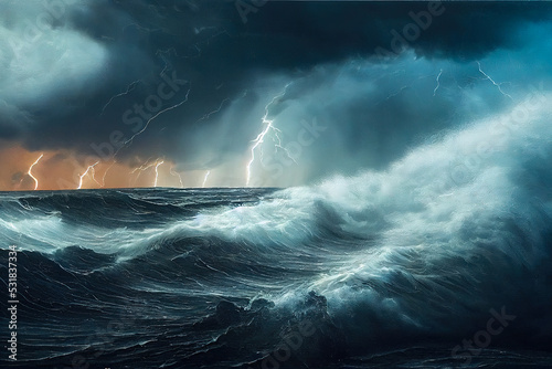 Bright lightning in a raging sea. A strong storm in the ocean. Big waves. Night thunderstorm. Dark tones. The power of raging nature. Raster illustration.