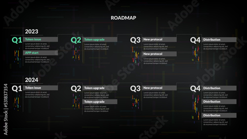 Roadmap with quarterly sections on dark background. Infographic timeline template for business presentation. Vector.