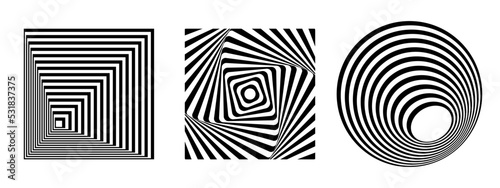 Vector optical illusion figures. Set of deformed squares and circles, ripple effect. Template website icon, digital virtual background, white lines on black.