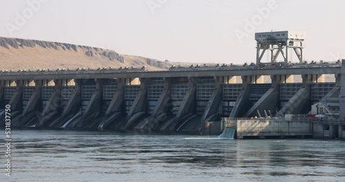 McNary Dam on Columbia River. 1.4-mile long concrete river dam spans the Columbia River. Operated by the U.S. Army Corps of Engineers. Hydroelectric power generation, recreation. photo