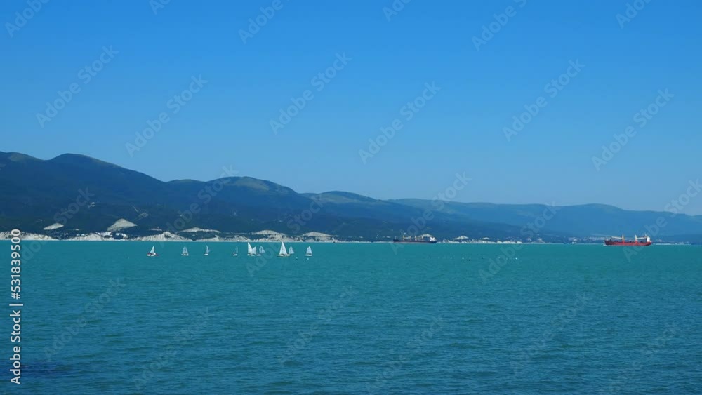 Youth regatta in the bay. Numerous white sails of small yachts. There are mountains and a city in the background. Youth regatta in the bay. Numerous white sails of small yachts. There are mountains and a city in the background.