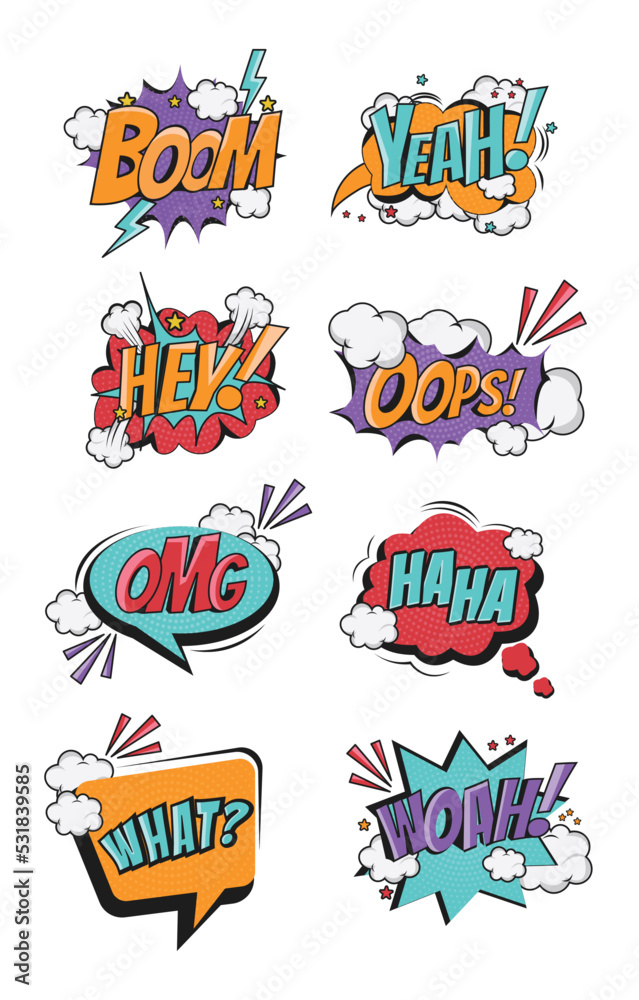 Pop Art icon set. Comic bubble vector illustration. cute designs and Expressions yeah, omg, haha, what on a white background.