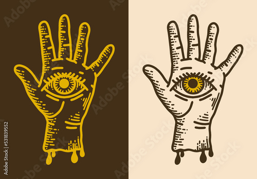 Eye on a hand vintage retro line art
