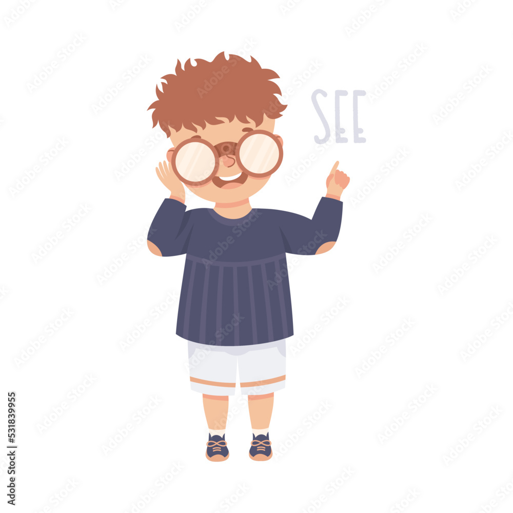 Little Boy Seeing Something in Binoculars Demonstrating Vocabulary and Verb Studying Vector Illustration