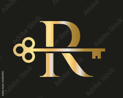 Letter R Real Estate Logo Concept With Home Lock Key Vector Template. Luxury Home Logo Key Sign
