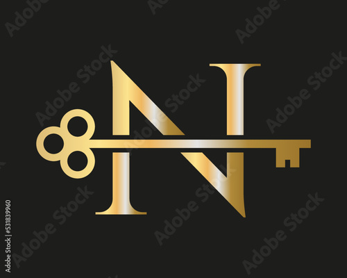 Letter N Real Estate Logo Concept With Home Lock Key Vector Template. Luxury Home Logo Key Sign
