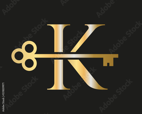 Letter K Real Estate Logo Concept With Home Lock Key Vector Template. Luxury Home Logo Key Sign