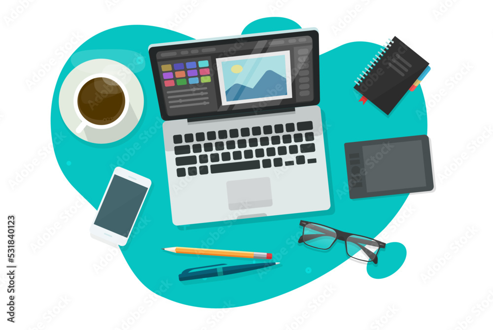 Image photo graphic editor vector on designer table desk top view or professional design illustrator program software on computer laptop workplace flat, creative photography office online modern Image photo graphic editor vector on designer table desk top view or professional design illustrator program software on computer laptop workplace flat, creative photography office online modern