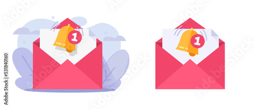Email mail reminder icon alert message notification vector or new received alert alarm notice graphic with electronic digital envelope and bell service illustration image