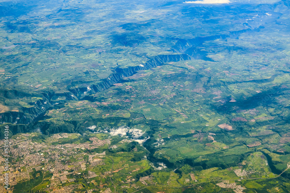 Top view aerial photo of settlements and fields