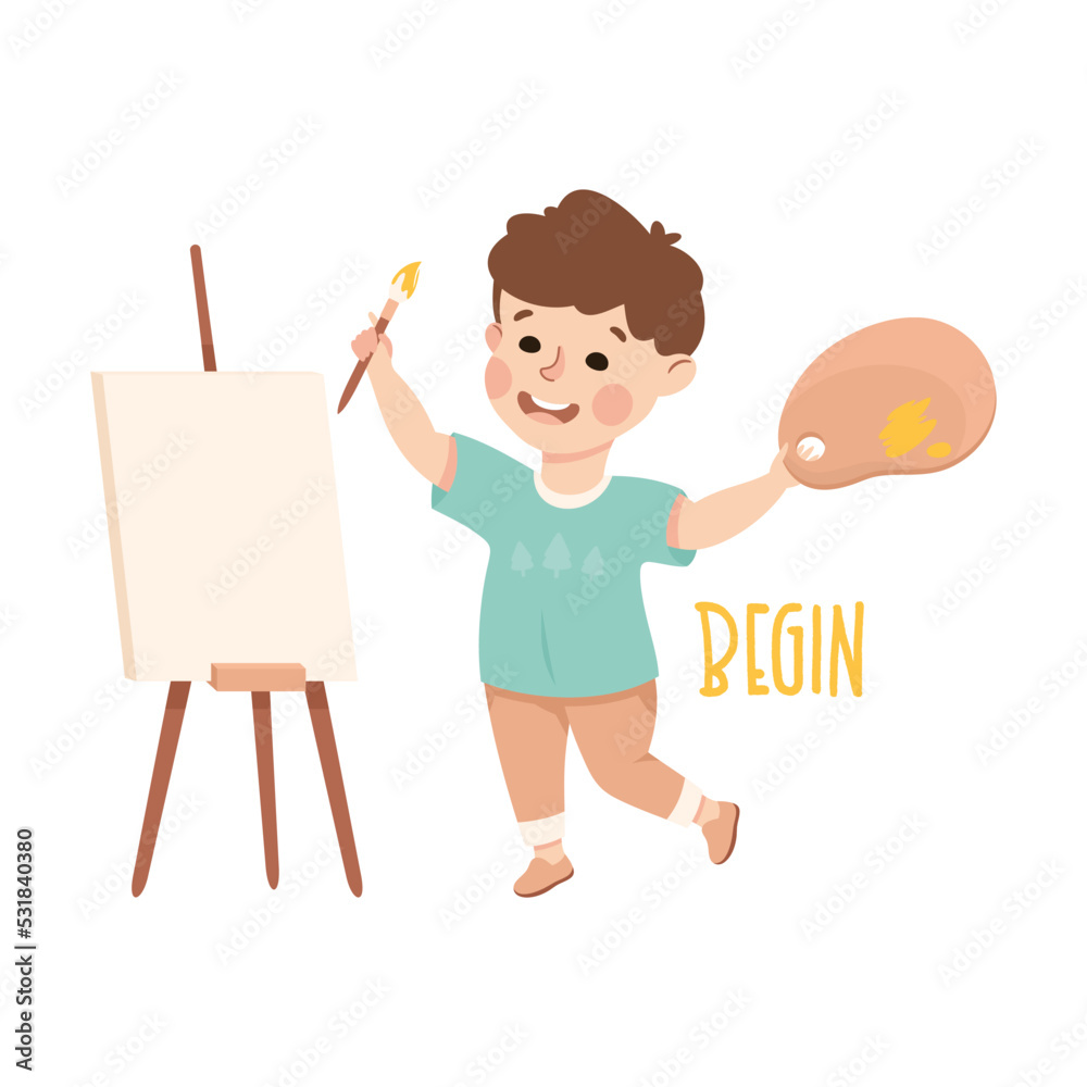 Little Boy Begin Drawing with Brush and Easel Demonstrating Vocabulary and Verb Studying Vector Illustration Little Boy Begin Drawing with Brush and Easel Demonstrating Vocabulary and Verb Studying Vector Illustration