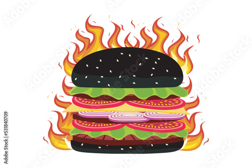 Burger vector. Hot spicy hamburger. Fast food. Hamburger illustration on blazing fire background