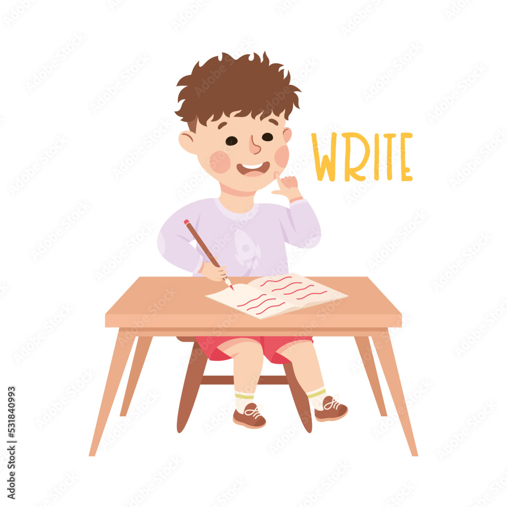 Little Boy at Desk Writing in Copybook Demonstrating Vocabulary and Verb Studying Vector Illustration Little Boy at Desk Writing in Copybook Demonstrating Vocabulary and Verb Studying Vector Illustration